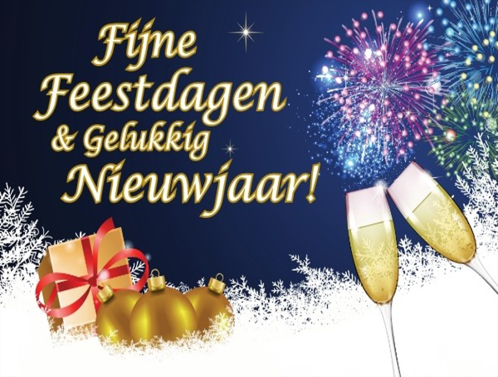 Feestelijke wenskaart met de tekst "Fijne Feestdagen & Gelukkig Nieuwjaar!", versierd met vuurwerk, twee champagneglazen, cadeautjes en kerstballen, allemaal omlijst door een rand van sneeuwvlokken.